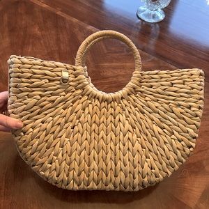 EUC Straw Crescent Shaped Handbag with Gold Trim and Circle Handles